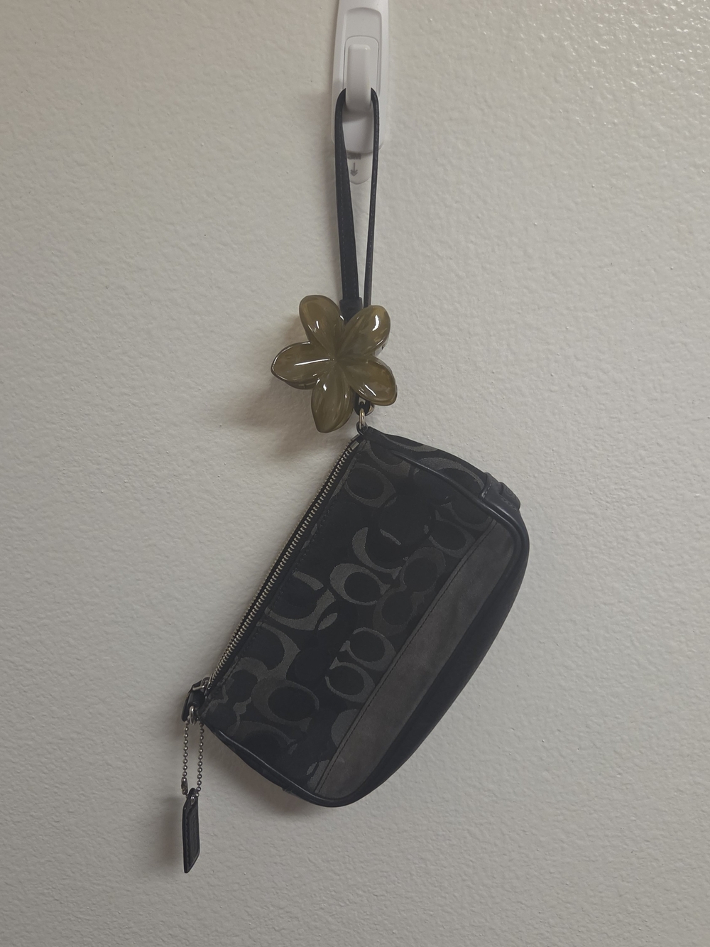 Coach Black Signature Wristlet with Floral Charm